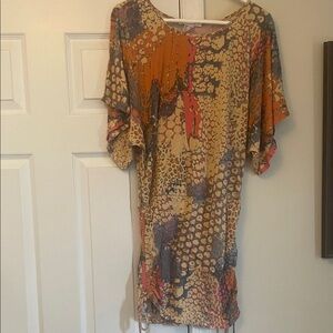 Venus Abstract Print Mini Dress in Tan and Orange